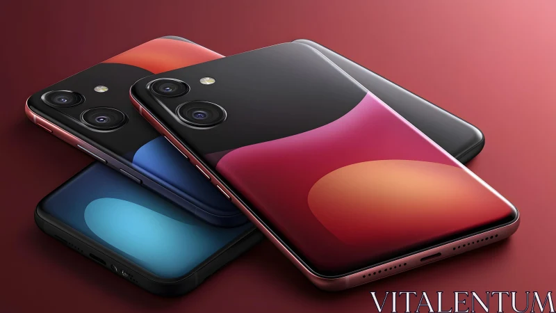 Modern smartphones with dual cameras on gradient backgrounds, digital art.
