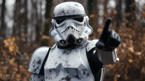 Weathered trooper armor in shallow-depth forest standoff.
