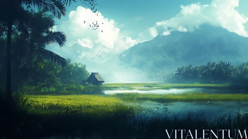 Solitary hut beside misty wetlands under distant mountain.