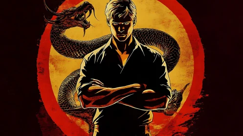 Martial artist silhouette confronts coiled dragon against grunge circle