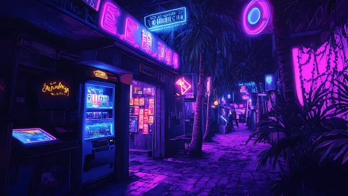Neon drenched alleyway glows with cyberpunk nightlife energy