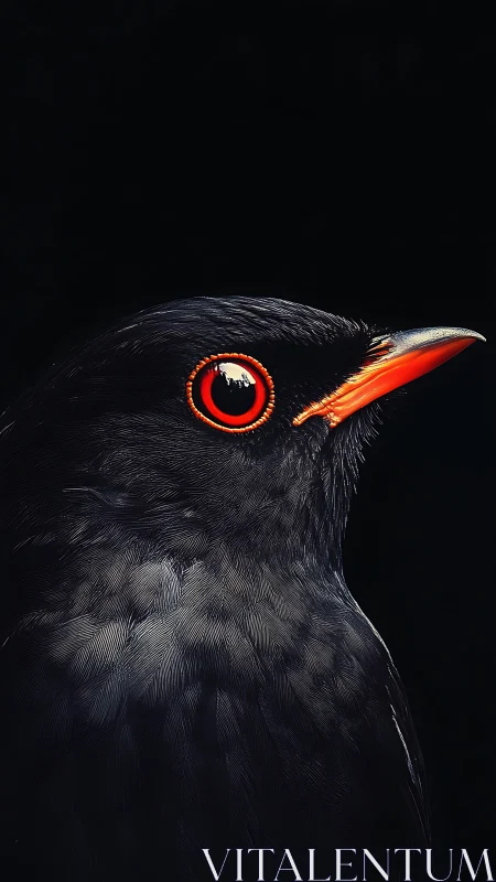 Black Bird with Luminous Red Eye and Orange Beak. Stunning Detail.