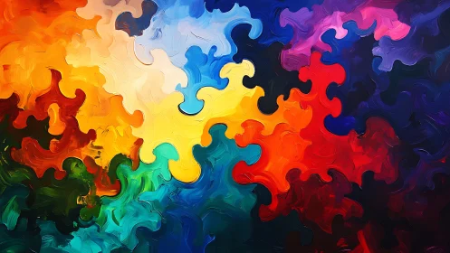 Vibrant abstract jigsaw shapes in bold swirling colors.