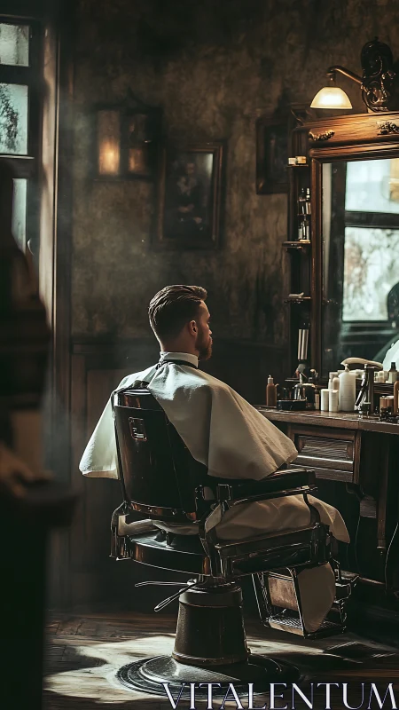 Gentleman waits in vintage barbershop chair for haircut.