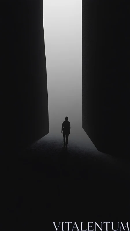 Silhouette figure walking between tall dark vertical walls.