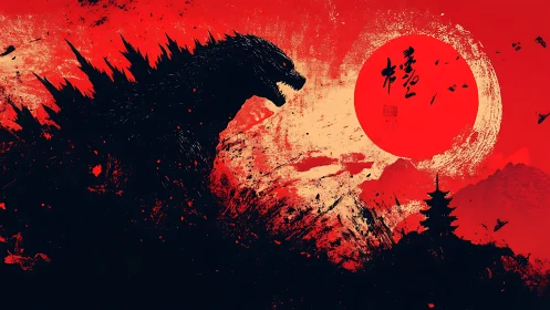 Monochrome kaiju silhouette against saturated red sunfield.