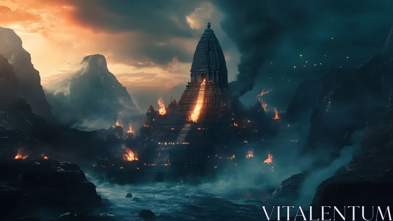 Burning stone temple in stormy coastal mountain landscape.