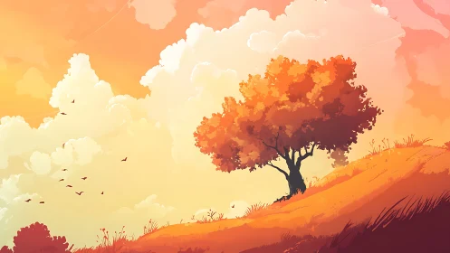 Solitary autumn tree on sunlit orange hillside at sunset.