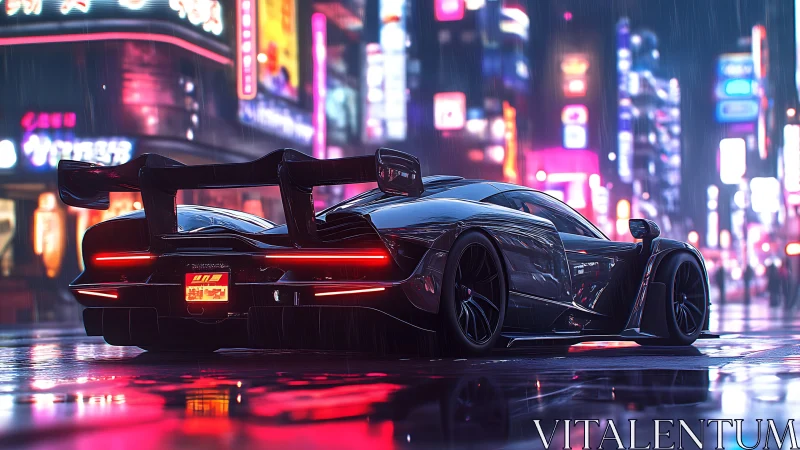 Sleek supercar glowing softly in a rainy neon city night.