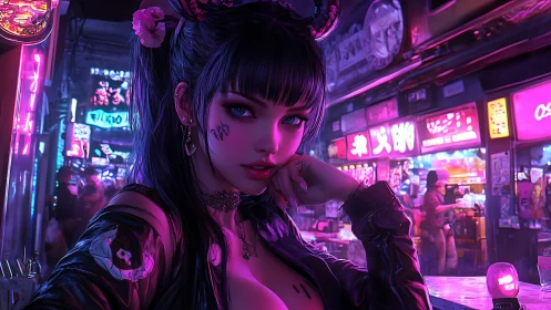 Cyberpunk girl leans at neon bar in rain-soaked alley