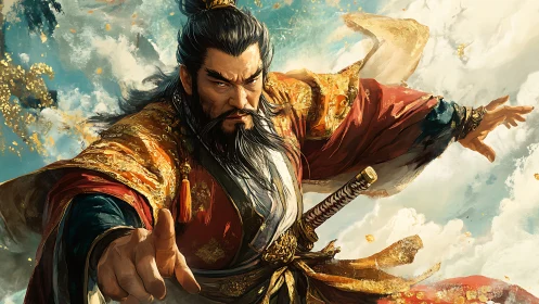 Imperial warlord commands storm, golden brocade swirling