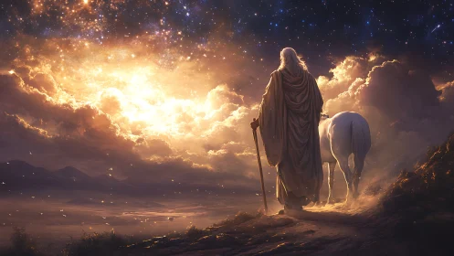 Elderly robed wanderer with white horse under blazing sky.