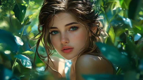 Enchanted forest portrait reveals serene emerald gaze