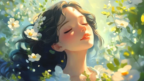 Young woman with closed eyes stands among sunlit flowers