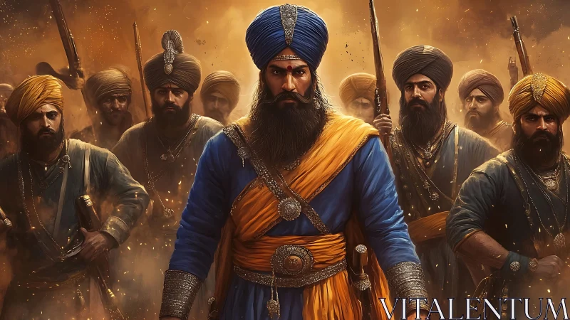 Sikh warriors stand united in battle-ready formation.