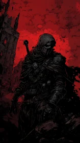 Hooded armored figure before fortress under red sky.
