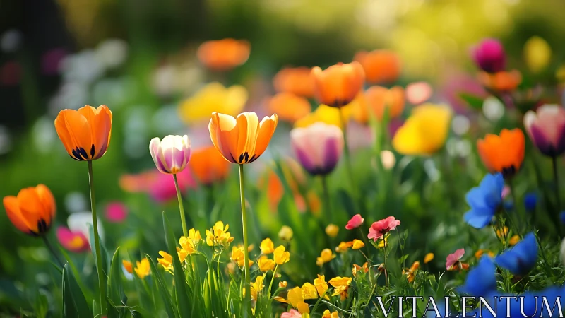 Vibrant Spring Garden: Tulips and Wildflowers in Selective Focus.