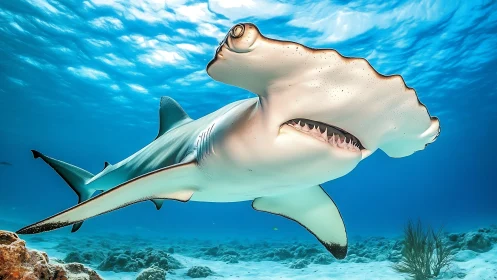 Photorealistic hammerhead shark in dynamic reef perspective.