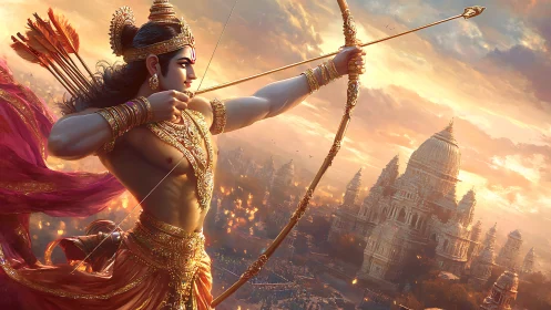 Divine archer draws golden bow above blazing temple city.