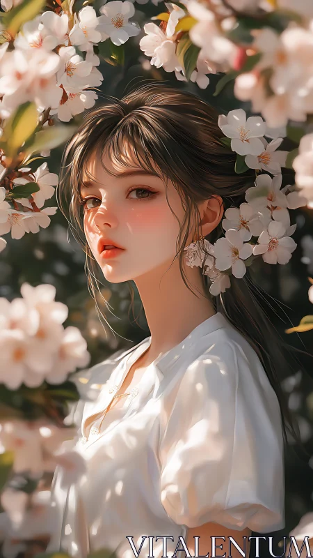 Anime portrait of young woman framed by soft-focus blossoms