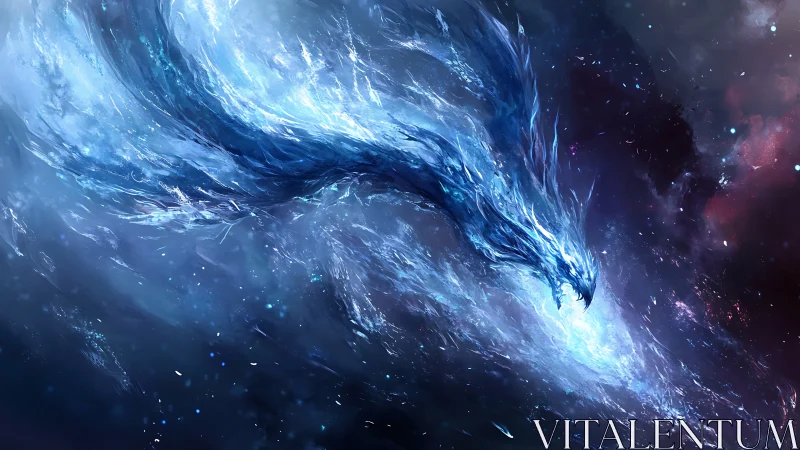 Spectral ice dragon erupts through nebular void with dynamic fluid motion