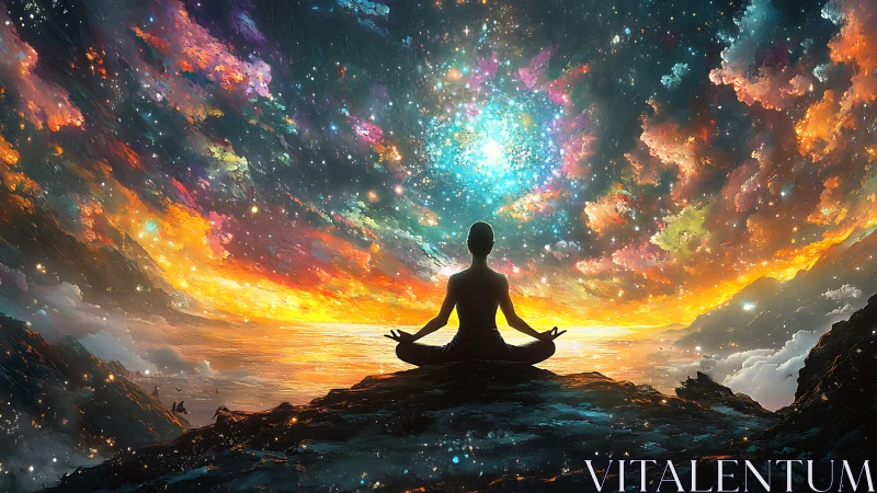 Meditating figure under cosmic sky over radiant ocean.