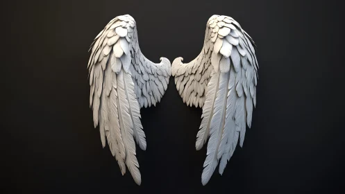 Elegant white angel wings sculpture on dark minimalist background.