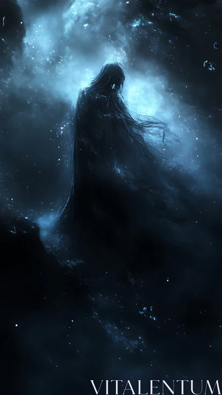 Silhouetted robed figure stands within diffuse blue nebulous light