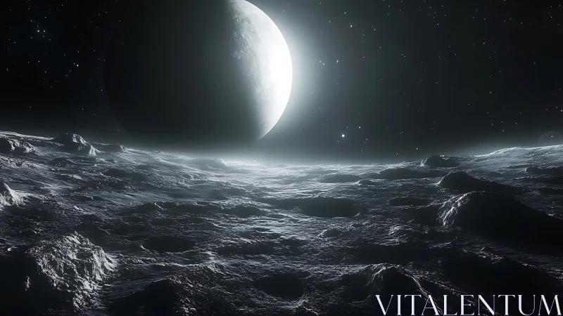 Illuminated planetary body above cratered icy surface.