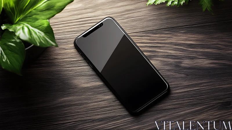Sleek Smartphone Rests on Dark Wood Surface