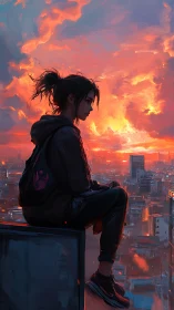 Solitary rooftop silhouette studies dusk-lit urban skyline