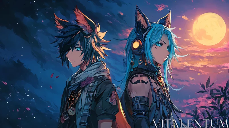 Lunar backlit twin kemonomimi drifters in chromatic dusk.