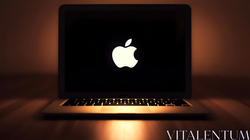 Low-key laptop product shot with luminous central logo focus.