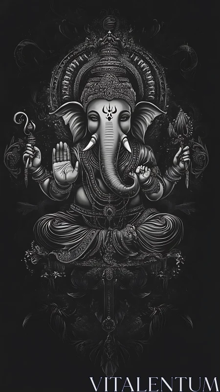 Monochrome Ganesh mandala with ornate divine detailing.