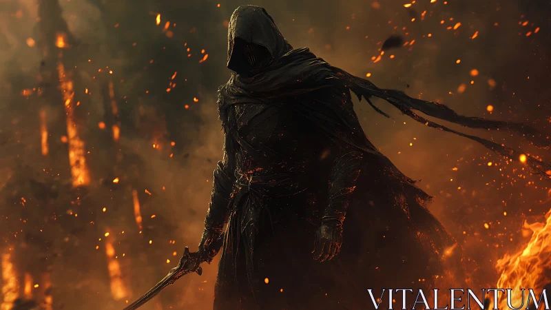 Hooded sword figure in burning landscape with embers rising.
