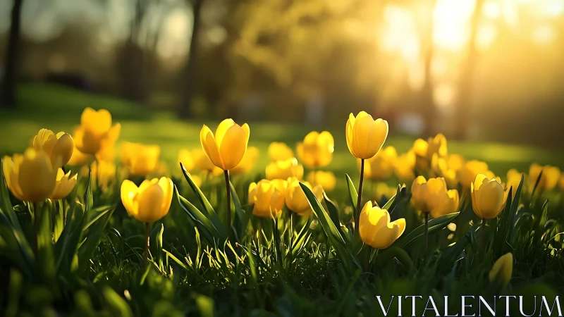 Golden tulip field under warm spring sunrise light.