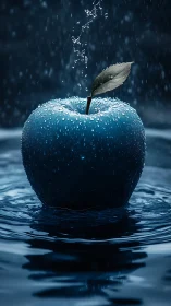 Monochromatic blue apple under falling droplets with specular highlights
