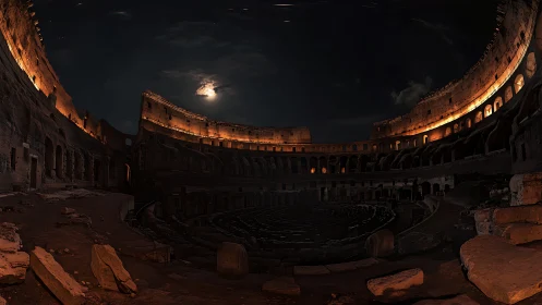 Lunar-lit Roman Colosseum interior in nocturnal panorama.