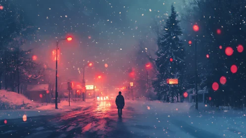 Nocturnal winter streetscape with volumetric neon snowfall.
