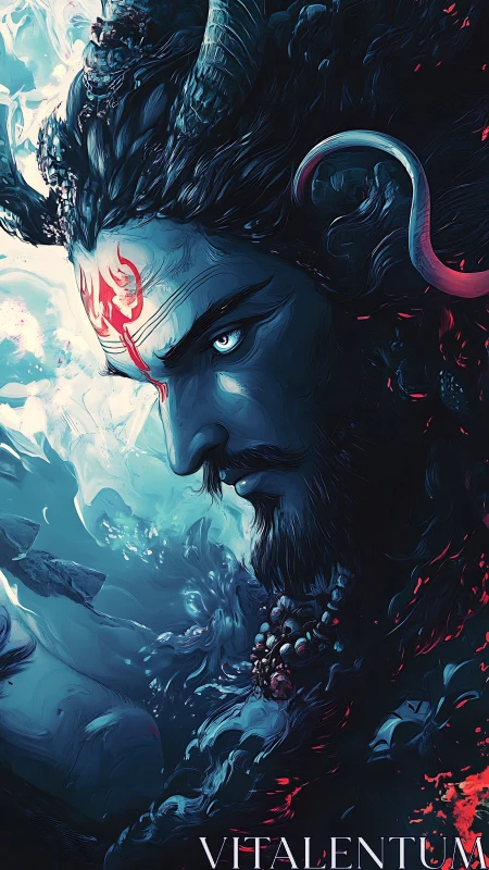 Horned blue demon lord portrait with glowing sigil.