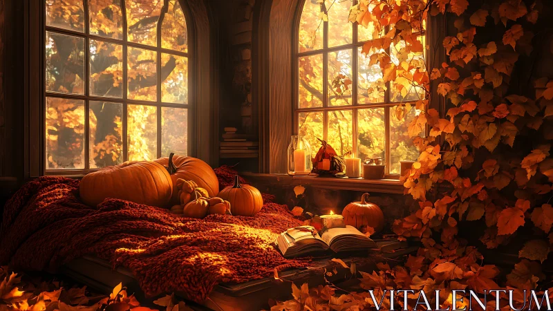 Cozy autumn window nook with pumpkins, candles, and books aglow