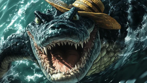 Ferocious crocodile in straw hat lunging through ocean waves.