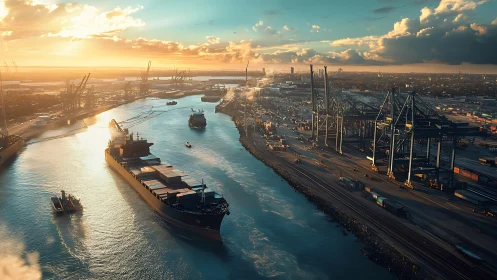 Container ships transit busy industrial port channel at sunset