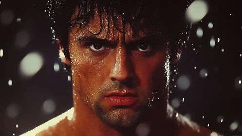 Intense wet male portrait under dramatic falling water.