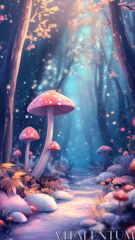 Luminescent forest path with tall pink toadstool caps.
