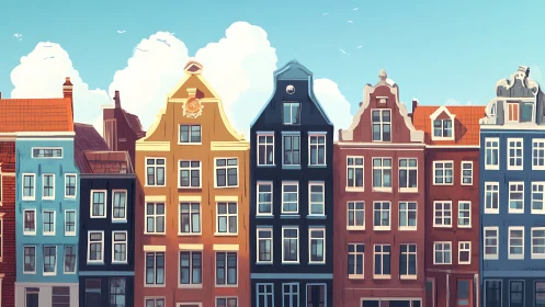 Stylized canal houses with Dutch gables under clear atmospheric sky