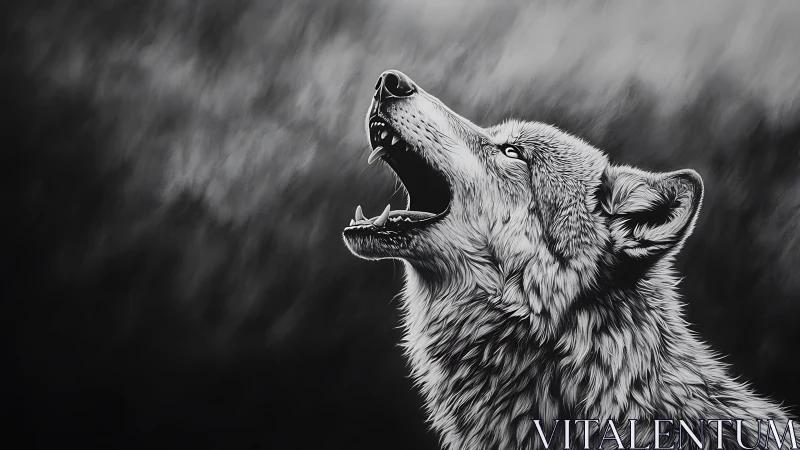 Lone wolf lifting its voice in a moonlit grayscale night.