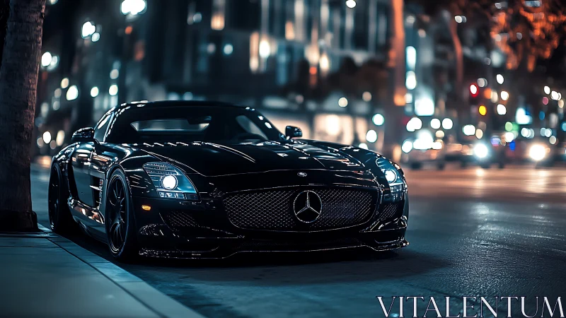 Black Mercedes sports car waits under city night lights