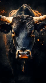 Charging black bull portrait with blazing ember accents.