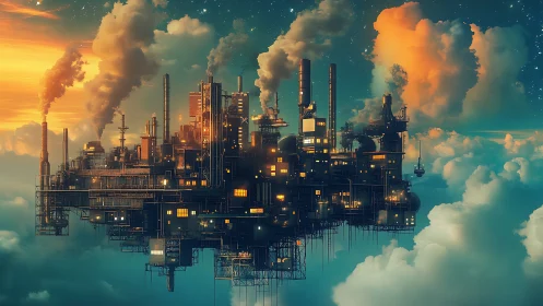 Floating industrial refinery platform emits smoke above clouds